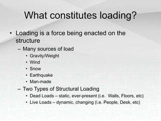 What constitutes loading?
• Loading is a force being enacted on the
structure
– Many sources of load
• Gravity/Weight
• Wind
• Snow
• Earthquake
• Man-made
– Two Types of Structural Loading
• Dead Loads – static, ever-present (i.e. Walls, Floors, etc)
• Live Loads – dynamic, changing (i.e. People, Desk, etc)
 