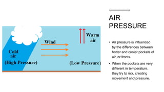 AIR
PRESSURE
• Air pressure is influenced
by the differences between
hotter and cooler pockets of
air, or fronts.
• When the pockets are very
different in temperature,
they try to mix, creating
movement and pressure.
 