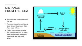 DISTANCE
FROM THE SEA
• land heats and cools faster than
the sea.
• Therefore, coastal areas have a
lower temperature range than
those areas inland.
• On the coast winters are mild
and summers are cool. In inland
areas temperatures are high in
the summer and cold in the
winter.
 