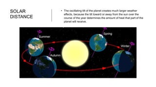 SOLAR
DISTANCE
• The oscillating tilt of the planet creates much larger weather
effects, because the tilt toward or away from the sun over the
course of the year determines the amount of heat that part of the
planet will receive.
 
