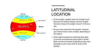 LATITUDINAL
LOCATION
• At the equator, weather does not change much,
because that latitude always receives roughly
the same amount of sunlight: around 12 hours a
day.
• As you move away from the equator, however,
you receive more or less sunlight, depending on
the season.
• Polar regions experience extremely long days
in summer and extremely long nights in winter.
Both summer and winter temperatures also cool
gradually as you move north or south of the
equator.
 