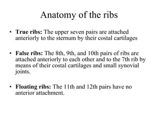 Anatomy of the ribs True ribs :   The upper seven pairs are attached anteriorly to the sternum by their costal cartilages False ribs :   The 8th, 9th, and 10th pairs of ribs are attached anteriorly to each other and to the 7th rib by means of their costal cartilages and small synovial joints . Floating ribs :   The 11th and 12th pairs have no anterior attachment . 
