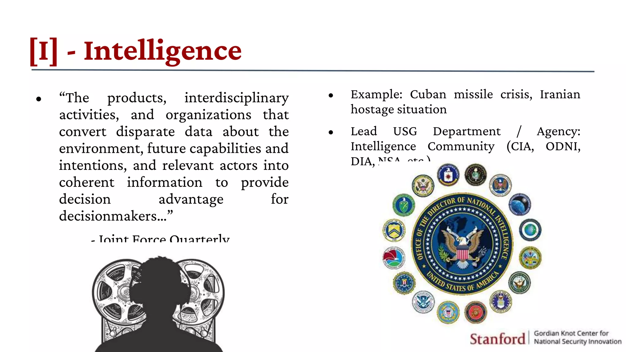 [I] - Intelligence
• “The products, interdisciplinary
activities, and organizations that
convert disparate data about the
environment, future capabilities and
intentions, and relevant actors into
coherent information to provide
decision advantage for
decisionmakers…”
- Joint Force Quarterly
• Example: Cuban missile crisis, Iranian
hostage situation
• Lead USG Department / Agency:
Intelligence Community (CIA, ODNI,
DIA, NSA, etc.)
 