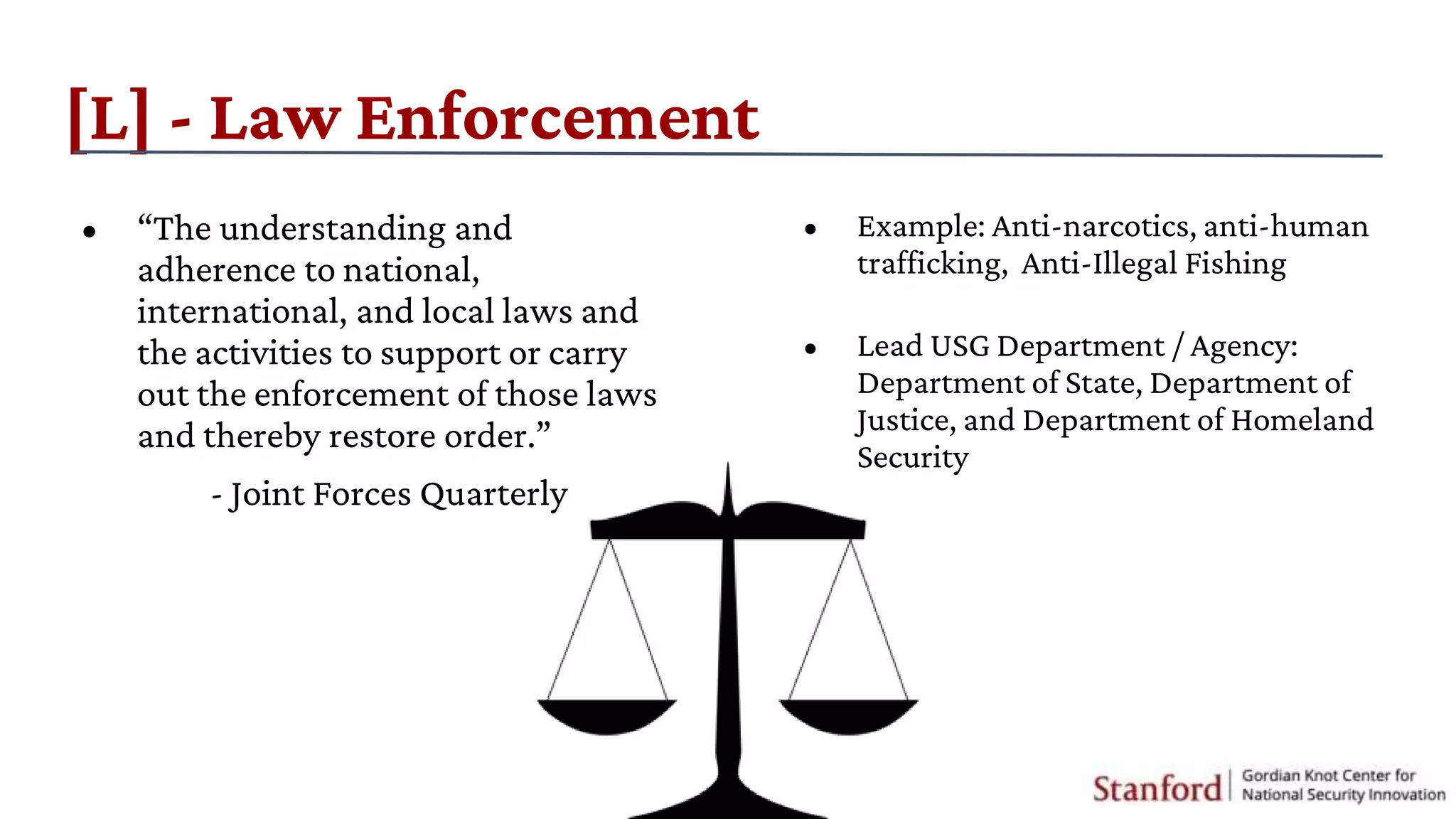 [L] - Law Enforcement
• “The understanding and
adherence to national,
international, and local laws and
the activities to support or carry
out the enforcement of those laws
and thereby restore order.”
- Joint Forces Quarterly
• Example: Anti-narcotics, anti-human
trafficking, Anti-Illegal Fishing
• Lead USG Department / Agency:
Department of State, Department of
Justice, and Department of Homeland
Security
 
