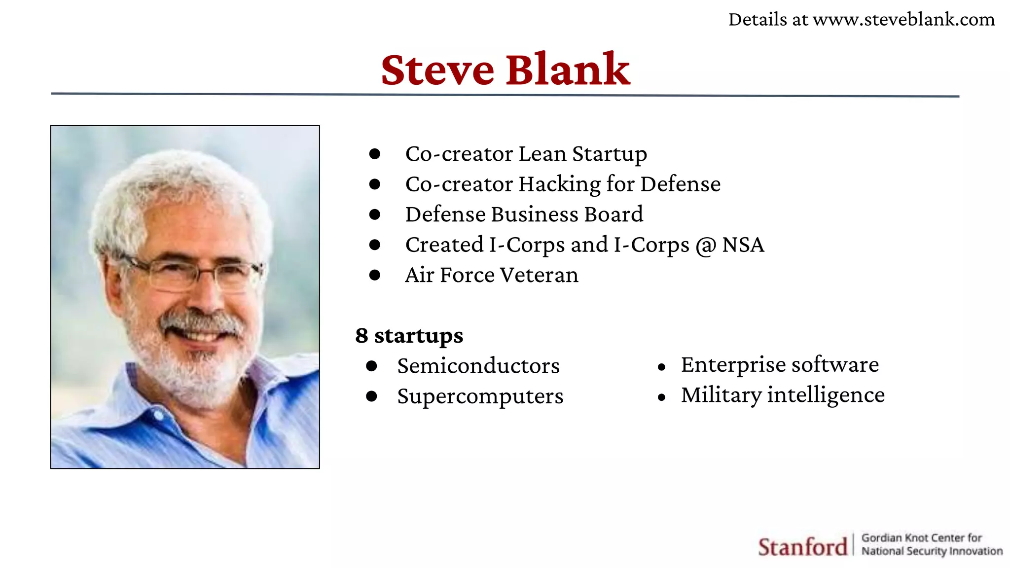 Steve Blank
● Co-creator Lean Startup
● Co-creator Hacking for Defense
● Defense Business Board
● Created I-Corps and I-Corps @ NSA
● Air Force Veteran
8 startups
● Semiconductors
● Supercomputers
Details at www.steveblank.com
● Enterprise software
● Military intelligence
 