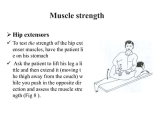  Hip extensors
 To test the strength of the hip ext
ensor muscles, have the patient li
e on his stomach
 Ask the patient to lift his leg a li
ttle and then extend it (moving t
he thigh away from the couch) w
hile you push in the opposite dir
ection and assess the muscle stre
ngth (Fig 8 ).
Muscle strength
 