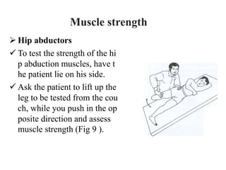  Hip abductors
 To test the strength of the hi
p abduction muscles, have t
he patient lie on his side.
 Ask the patient to lift up the
leg to be tested from the cou
ch, while you push in the op
posite direction and assess
muscle strength (Fig 9 ).
Muscle strength
 