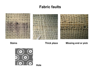 Fabric faults Stains   Thick place  Missing end or pick  Hole  