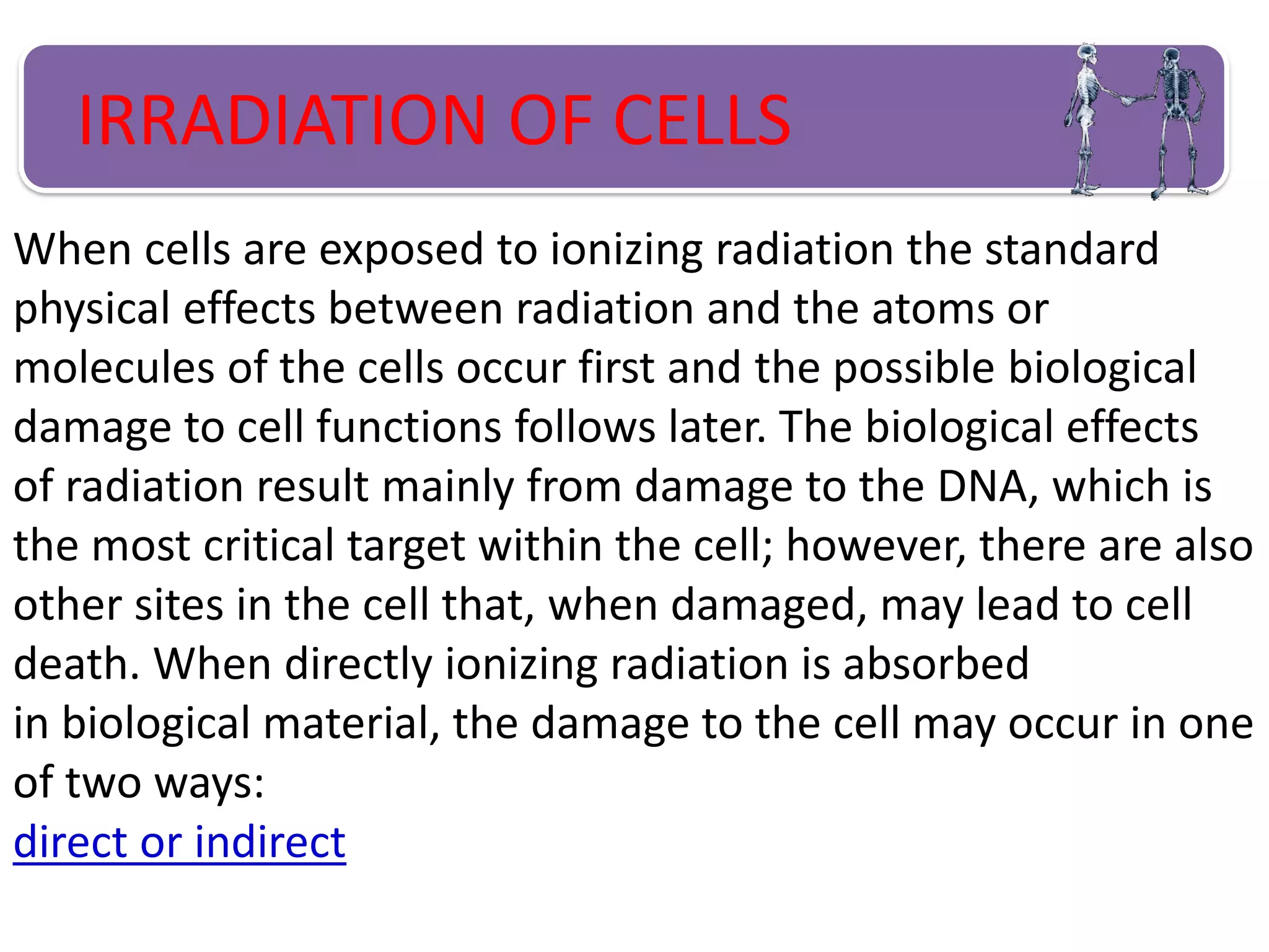 IRRADIATION OF CELLS
When cells are exposed to ionizing radiation the standard
physical effects between radiation and the atoms or
molecules of the cells occur first and the possible biological
damage to cell functions follows later. The biological effects
of radiation result mainly from damage to the DNA, which is
the most critical target within the cell; however, there are also
other sites in the cell that, when damaged, may lead to cell
death. When directly ionizing radiation is absorbed
in biological material, the damage to the cell may occur in one
of two ways:
direct or indirect
 
