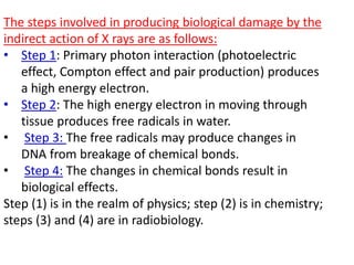 The steps involved in producing biological damage by the
indirect action of X rays are as follows:
• Step 1: Primary photon interaction (photoelectric
effect, Compton effect and pair production) produces
a high energy electron.
• Step 2: The high energy electron in moving through
tissue produces free radicals in water.
• Step 3: The free radicals may produce changes in
DNA from breakage of chemical bonds.
• Step 4: The changes in chemical bonds result in
biological effects.
Step (1) is in the realm of physics; step (2) is in chemistry;
steps (3) and (4) are in radiobiology.
 