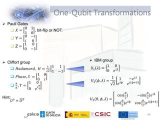 One-Qubit Transformations
44
 Pauli Gates
 𝑋 =
0 1
1 0
, bit-flip or NOT.
 Y =
0 −𝑖
𝑖 0
 Z =
1 0
0 −1
 Cliffort group
 𝐻𝑎𝑑𝑎𝑚𝑎𝑟𝑑, 𝐻 =
1
2
1 1
1 −1
 𝑃ℎ𝑎𝑠𝑒, 𝑆 =
1 0
0 𝑖

𝜋
8
, 𝑇 =
1 0
0 𝑒𝑖
𝜋
4
Hint:
𝑈†
= 𝑈𝑇
𝑈1 𝜆 =
1 0
0 𝑒𝑖𝜆
𝑈2 𝜙, 𝜆 =
1
2
1 −𝑒𝑖𝜆
𝑒𝑖𝜙
𝑒𝑖(𝜙+𝜆)
𝑈3(𝜃, 𝜙, 𝜆) =
cos(
𝜃
2
) −sin(
𝜃
2
)𝑒𝑖𝜆
sin(
𝜃
2
)𝑒𝑖𝜙
cos(
𝜃
2
)𝑒𝑖(𝜙+𝜆)
 IBM group
 