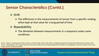 Industry 4.0 and Industrial Internet of Things
Sensor Characteristics (Contd.)
 Drift
 The difference in the measurements of sensor from a specific reading
when kept at that value for a long period of time
 Repeatability
 The deviation between measurements in a sequence under same
conditions
11
Source : “Sensor”, Hong Kong University of Science and Technology, online: https://ielm.ust.hk/dfaculty/ajay/courses/alp/ieem110/lecs/sensors/sensors.html
Source: “Repeatability”, MIT, Online: https://ocw.mit.edu/courses/mechanical-engineering/2-693-principles-of-oceanographic-instrument-systems-sensors-and-
measurements-13-998-spring-2004/
 