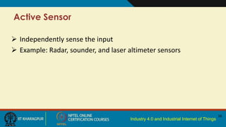 Industry 4.0 and Industrial Internet of Things
Active Sensor
16
 Independently sense the input
 Example: Radar, sounder, and laser altimeter sensors
 