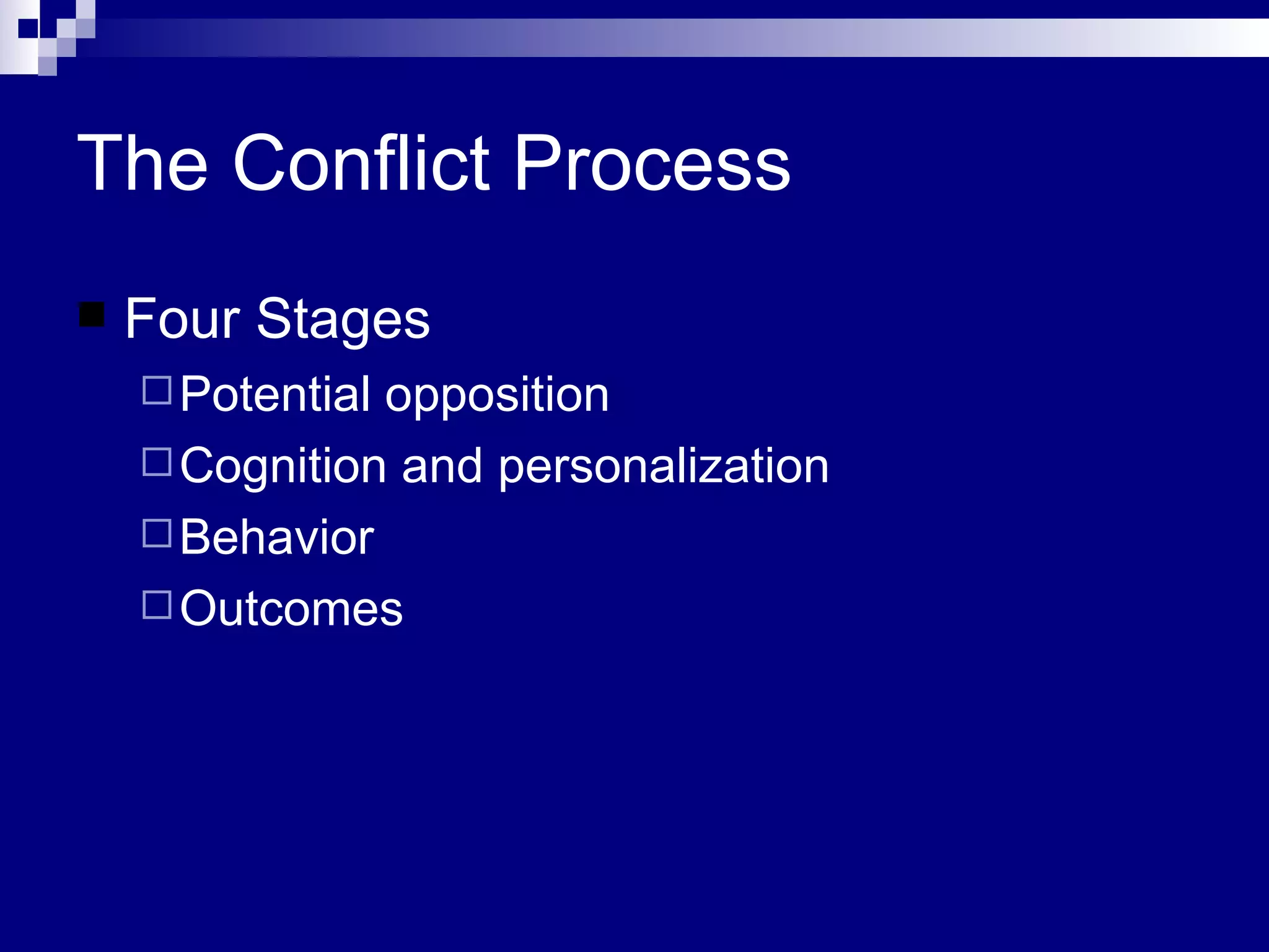 The Conflict Process Four Stages Potential opposition Cognition and personalization Behavior Outcomes   