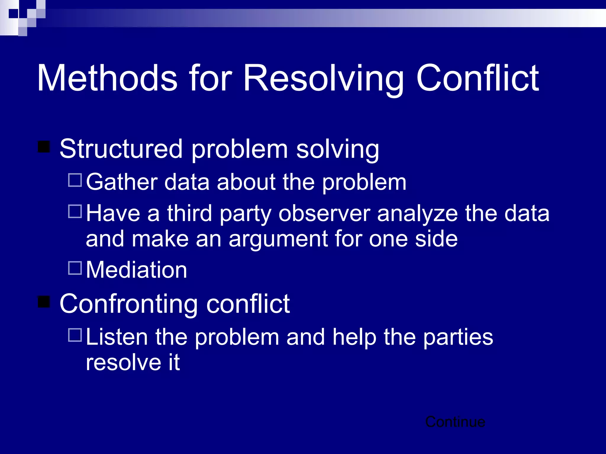 Methods for Resolving Conflict Structured problem solving Gather data about the problem Have a third party observer analyze the data and make an argument for one side Mediation Confronting conflict Listen the problem and help the parties resolve it Continue 