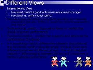 Different Views Interactionist View Functional conflict is good for business and even encouraged Functional vs. dysfunctional conflict * This view argues that conflict is essential to innovation and continually improving in business.  Without it, people can become complacent in what they do.  Dysfunctional conflict – destructive forms of conflict that disrupt a groups performance. Functional conflict – conflict that supports and improves the performance of a group. It is sometimes hard to differentiate between dysfunctional and functional conflict because similar conflicts could have different outcomes in different groups.  The only thing that matters in differentiating between the two is if it improves or harms a groups performance. 