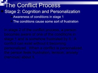 The Conflict Process Stage 2: Cognition and Personalization Awareness of conditions in stage 1 The conditions cause some sort of frustration In stage 2 of the conflict process, a person becomes aware of one of the conditions in stage 1 and is somehow frustrated by it.  A conflict can exist without it becoming personalized.  When a conflict is personalized, the person feels frustration, tension, anxiety (nervous) about it.  