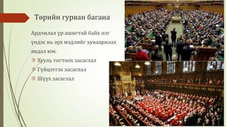 Төрийн гурван багана 
Ардчилал үр ашигтай байх нэг 
үндэс нь эрх мэдлийг хуваарилах 
явдал юм. 
 Хууль тогтоох засаглал 
 Гүйцэтгэх засаглал 
 Шүүх засаглал 
 