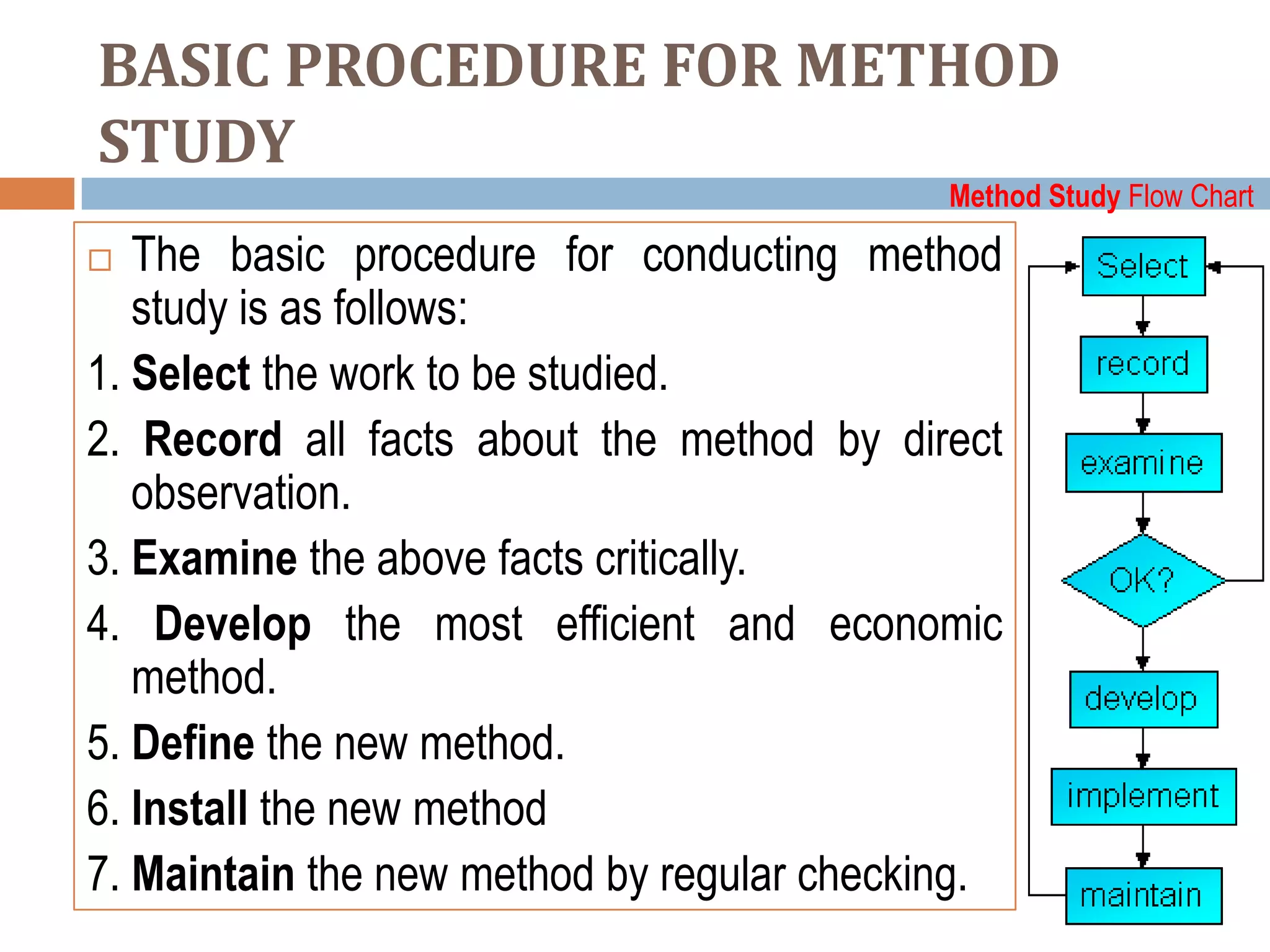 BASIC PROCEDURE FOR METHOD
STUDY
                                            Method Study Flow Chart

  The basic procedure for conducting method
   study is as follows:
1. Select the work to be studied.
2. Record all facts about the method by direct
   observation.
3. Examine the above facts critically.
4. Develop the most efficient and economic
   method.
5. Define the new method.
6. Install the new method
7. Maintain the new method by regular checking.
 