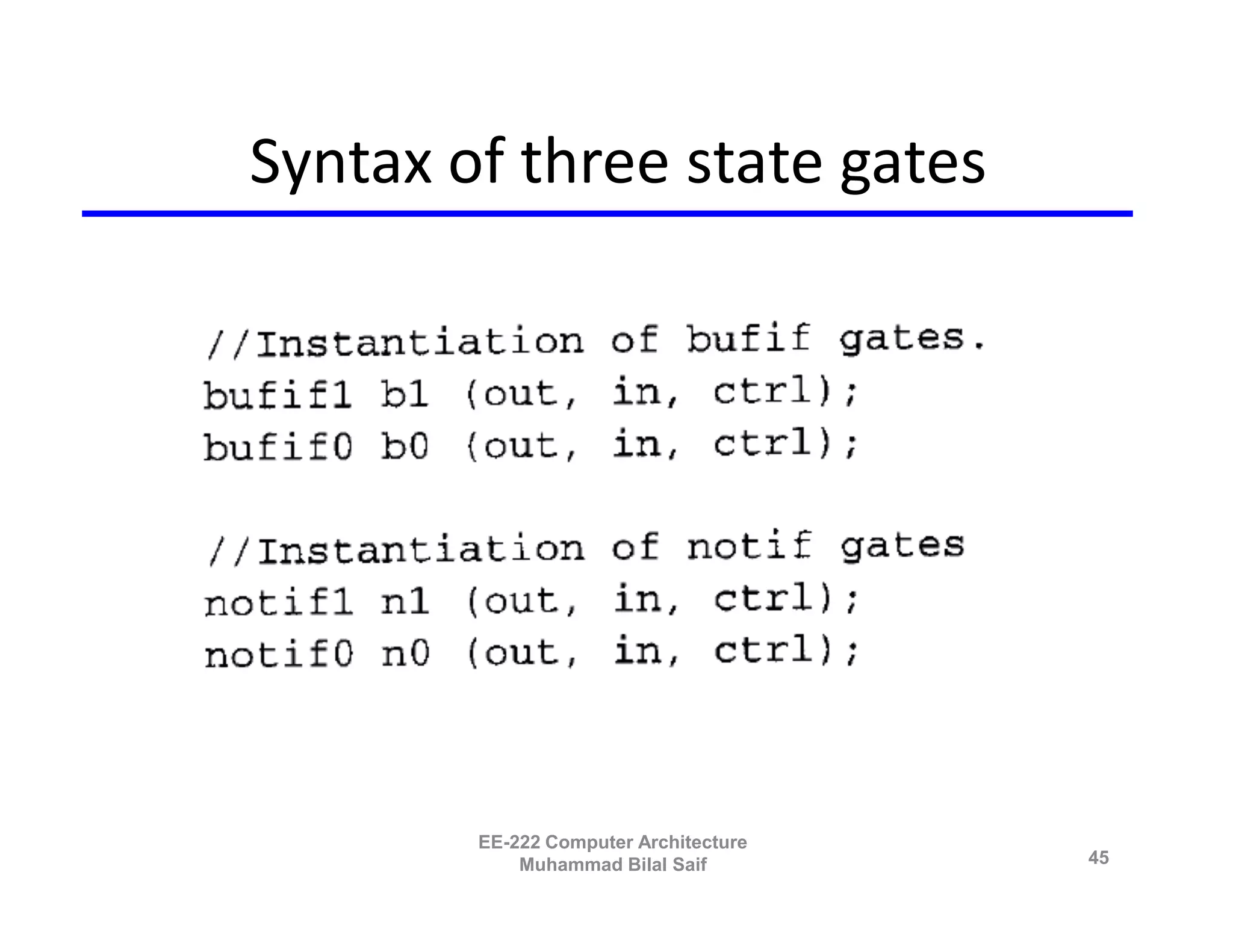 Syntax of three state gates




        EE-222 Computer Architecture
            Muhammad Bilal Saif        45
 