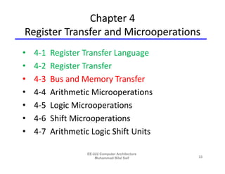 Chapter 4
Register Transfer and Microoperations
•   4-1   Register Transfer Language
•   4-2   Register Transfer
•   4-3   Bus and Memory Transfer
•   4-4   Arithmetic Microoperations
•   4-5   Logic Microoperations
•   4-6   Shift Microoperations
•   4-7   Arithmetic Logic Shift Units

                    EE-222 Computer Architecture
                        Muhammad Bilal Saif        33
 