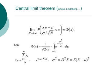 Central limit theorem (Gauss, Lindeberg, ...)



                         xN
                   lim P                    x          ( x),
                  N       / N

                                    x       y2
here                          1              2
                      ( x)              e        dy,
                              2
       N
             xi
                                        2
xN     i 1        ,          EX ,               D2 X      E(X   )2
        N
 