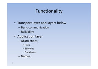 Functionality

    • Transport layer and layers below
      – B i communication
        Basic       i ti
      – Reliability
    • Application layer
      – Abstractions
         • Files
         • Services
         • Databases
      – Names
2
 