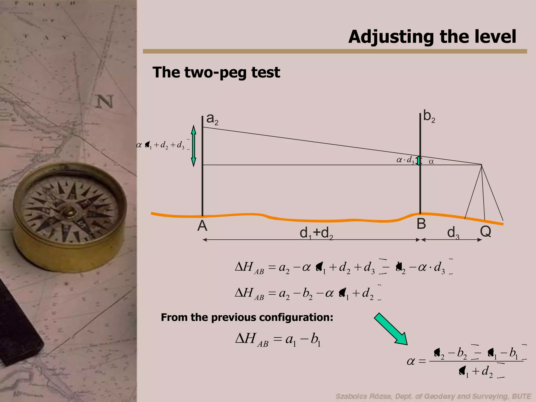 Adjusting the levelThe two-peg testCollimation error - the line of collimation is not horizontal, when the level is levelledThe effect of collimation error cancels, if d1=d2.Thus the height difference is: