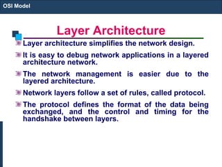 Layer Architecture Layer architecture simplifies the network design. It is easy to debug network applications in a layered architecture network. The network management is easier due to the layered architecture. Network layers follow a set of rules, called protocol. The protocol defines the format of the data being exchanged, and the control and timing for the handshake between layers. OSI Model 