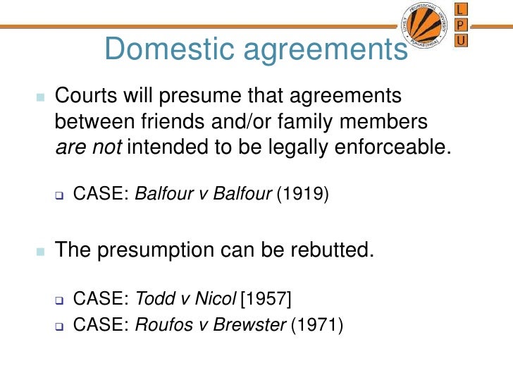 balfour v balfour 1919 In 1919, balfour v balfour gave birth to the intention to create legal relations doctrine in contract law in a dispute between a husband and wife, lord justice atkin. balfour v balfour 1919 In 1919, balfour v balfour gave birth to the intention to create legal relations doctrine in contract law in a dispute between a husband and wife, lord justice atkin.