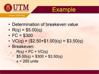 Example Determination of breakeven value R(q) = $5.00(q) FC = $300 VC(q) = ($2.50+$1.00)(q) = $3.50(q) Breakeven: R(q) = FC + VC(q) $5.00(q) = $300 + $3.50(q) x = 200 units 