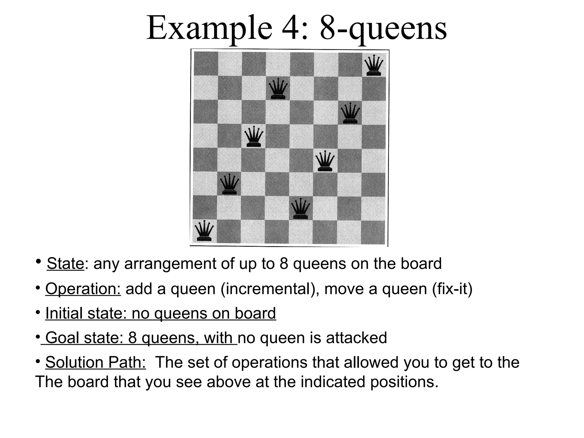 Example 4: 8-queens State : any arrangement of up to 8 queens on the board Operation:  add a queen (incremental), move a queen (fix-it) Initial state: no queens on board Goal state: 8 queens, with  no queen is attacked Solution Path:   The set of operations that allowed you to get to the  The board that you see above at the indicated positions. 