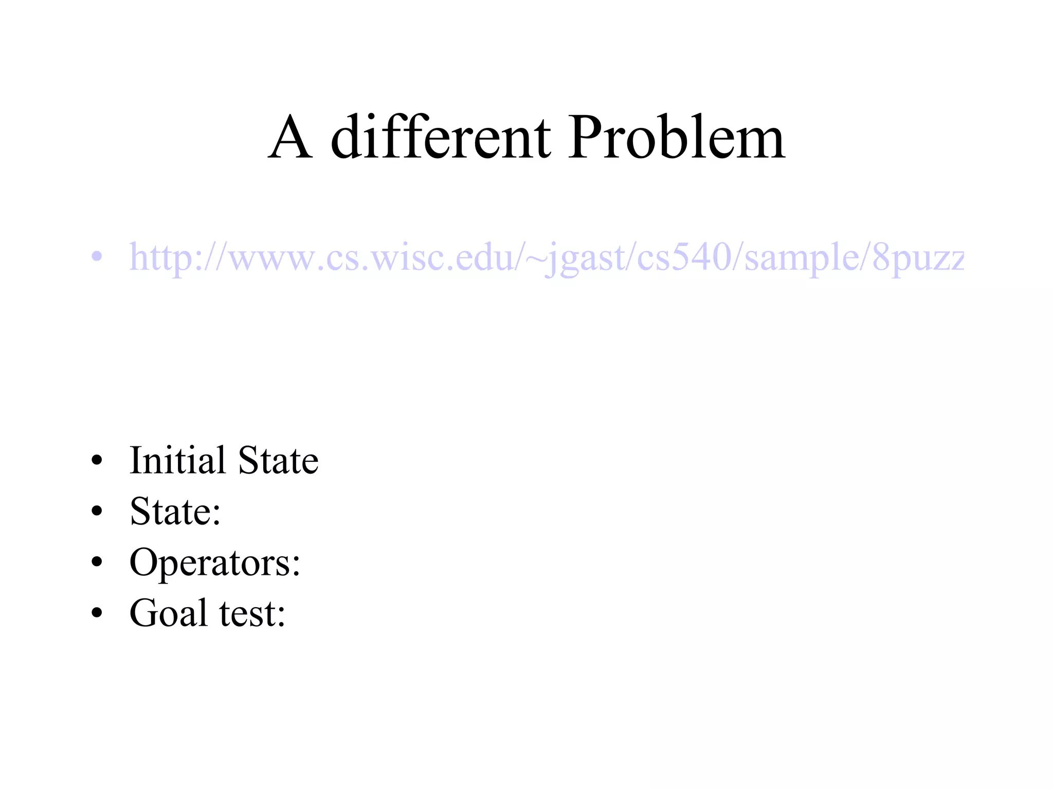 A different Problem http://www.cs.wisc.edu/~jgast/cs540/sample/8puzzle.html Initial State State:  Operators: Goal test: 