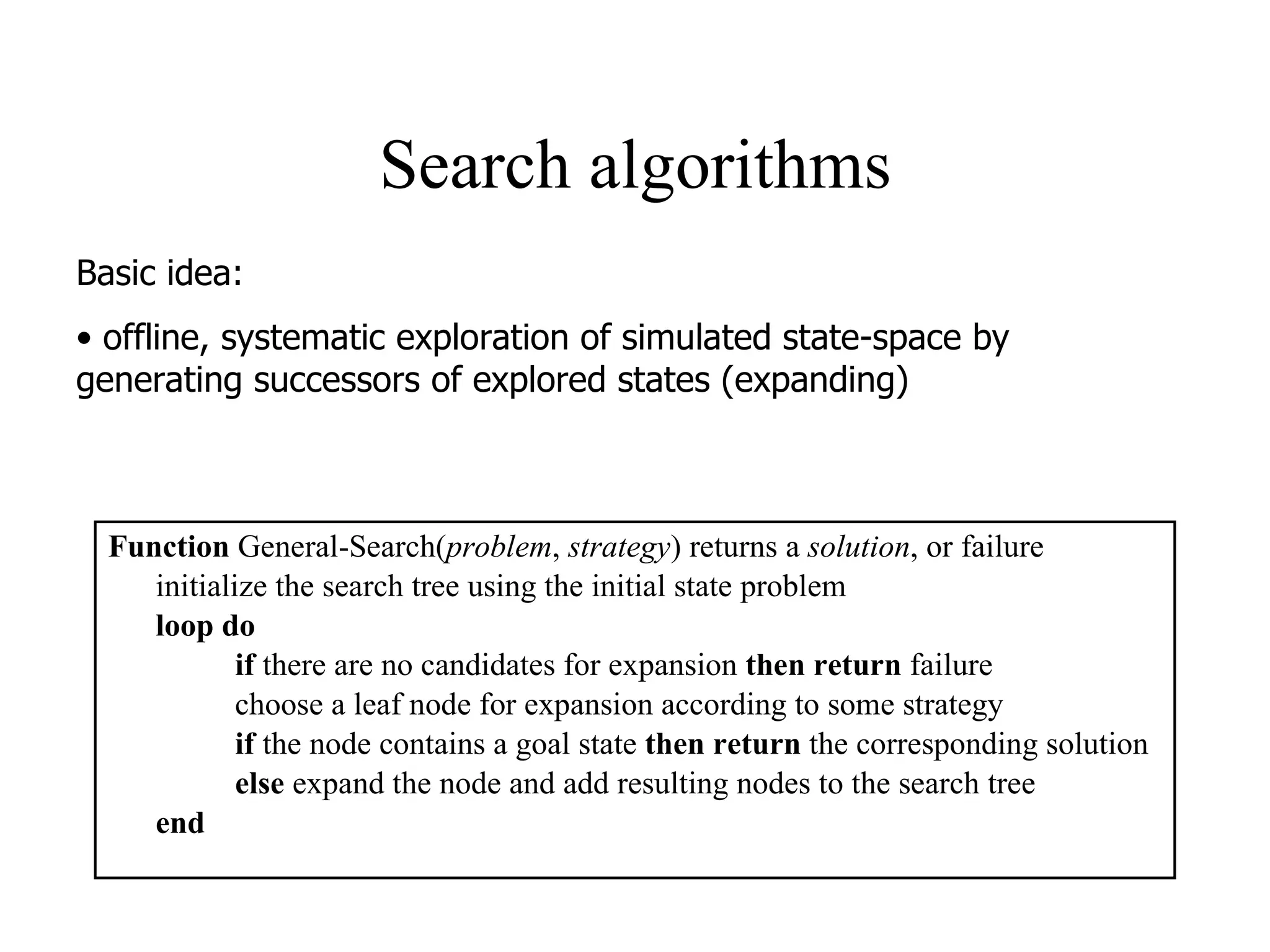 Search algorithms Function  General-Search( problem ,  strategy ) returns a  solution , or failure initialize the search tree using the initial state problem loop do if  there are no candidates for expansion  then return  failure choose a leaf node for expansion according to some strategy if  the node contains a goal state  then return  the corresponding solution else  expand the node and add resulting nodes to the search tree end Basic idea: offline, systematic exploration of simulated state-space by generating successors of explored states (expanding) 