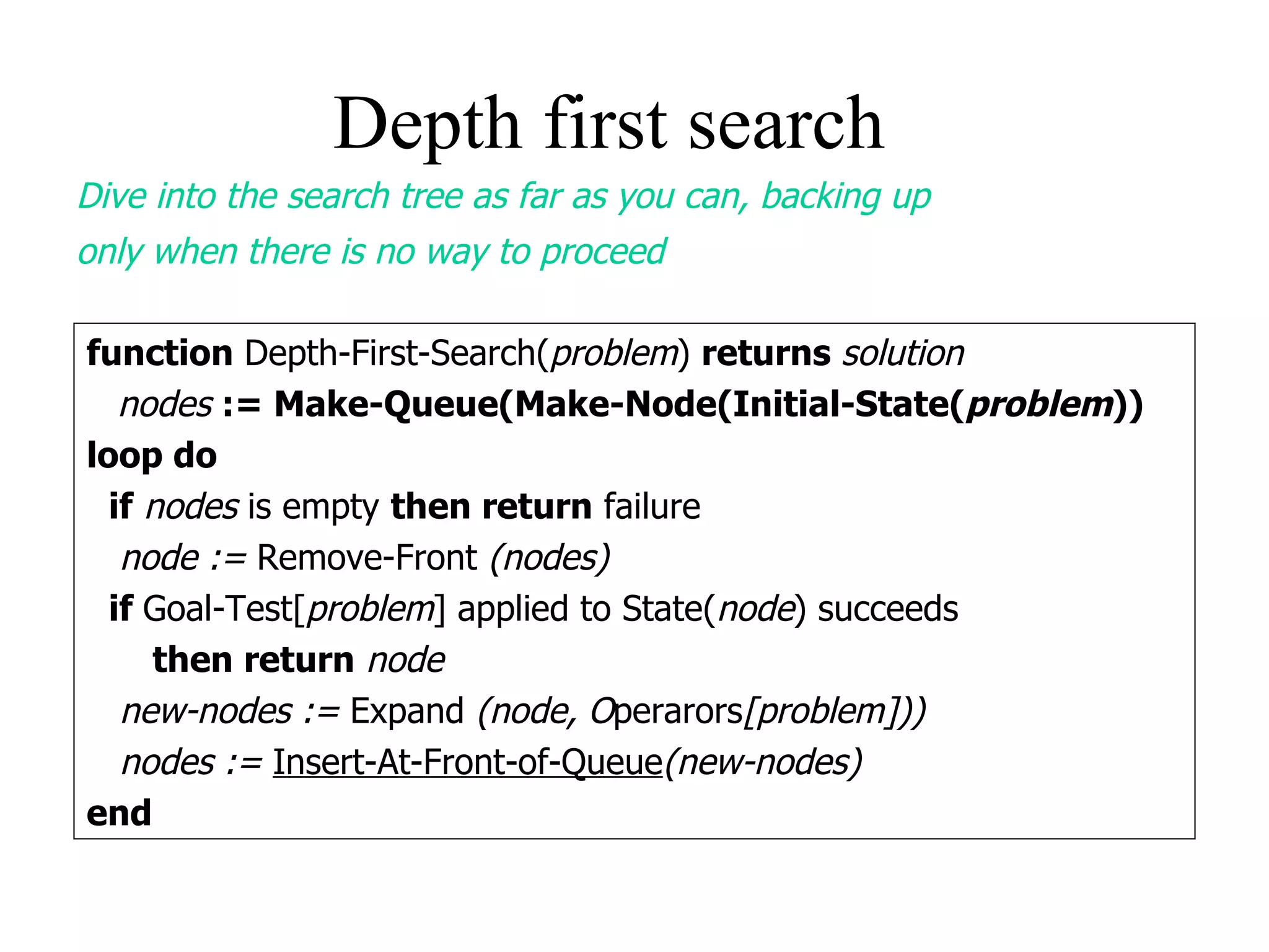 Depth first search Dive into the search tree as far as you can, backing up  only when there is no way to proceed function  Depth-First-Search( problem )  returns  solution nodes  := Make-Queue(Make-Node(Initial-State( problem )) loop do if  nodes  is empty  then return  failure node :=  Remove-Front  (nodes) if  Goal-Test[ problem ] applied to State( node ) succeeds then return   node new-nodes :=  Expand  (node, O perarors [problem])) nodes :=  Insert-At-Front-of-Queue (new-nodes) end 