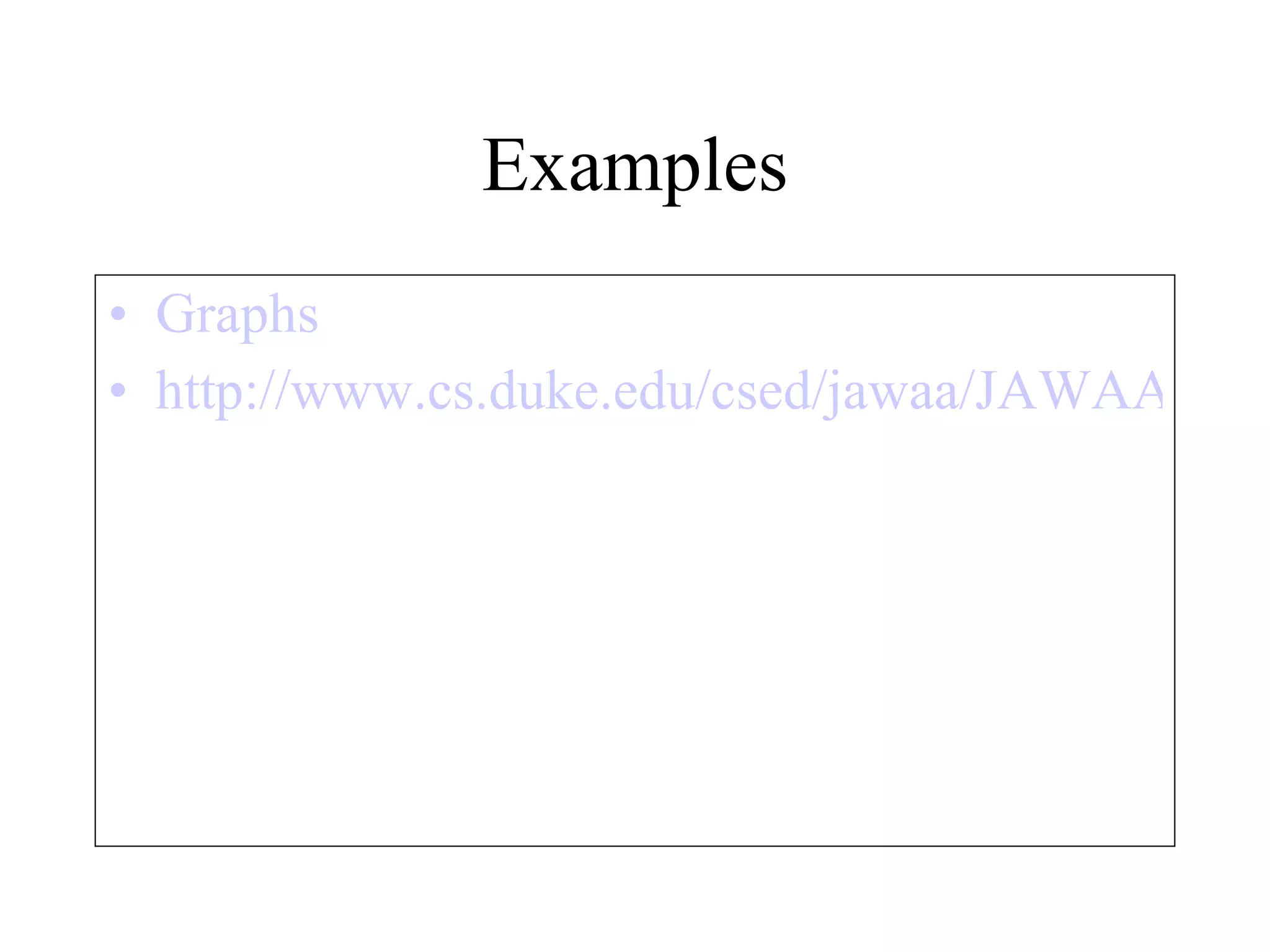Examples Graphs  http://www.cs.duke.edu/csed/jawaa/JAWAA.html 