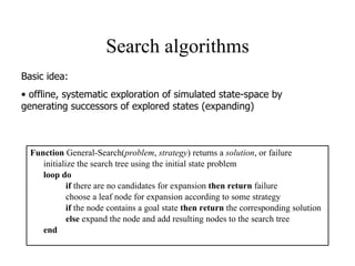 Search algorithms Function  General-Search( problem ,  strategy ) returns a  solution , or failure initialize the search tree using the initial state problem loop do if  there are no candidates for expansion  then return  failure choose a leaf node for expansion according to some strategy if  the node contains a goal state  then return  the corresponding solution else  expand the node and add resulting nodes to the search tree end Basic idea: offline, systematic exploration of simulated state-space by generating successors of explored states (expanding) 
