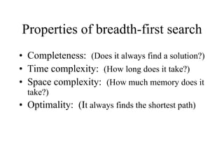 Properties of breadth-first search Completeness:  (Does it always find a solution?) Time complexity:  (How long does it take?) Space complexity:  (How much memory does it take?) Optimality:  (I t always finds the shortest path)  