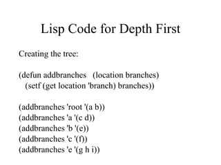 Lisp Code for Depth First Creating the tree: (defun addbranches  (location branches) (setf (get location 'branch) branches)) (addbranches 'root '(a b)) (addbranches 'a '(c d)) (addbranches 'b '(e)) (addbranches 'c '(f)) (addbranches 'e '(g h i)) 