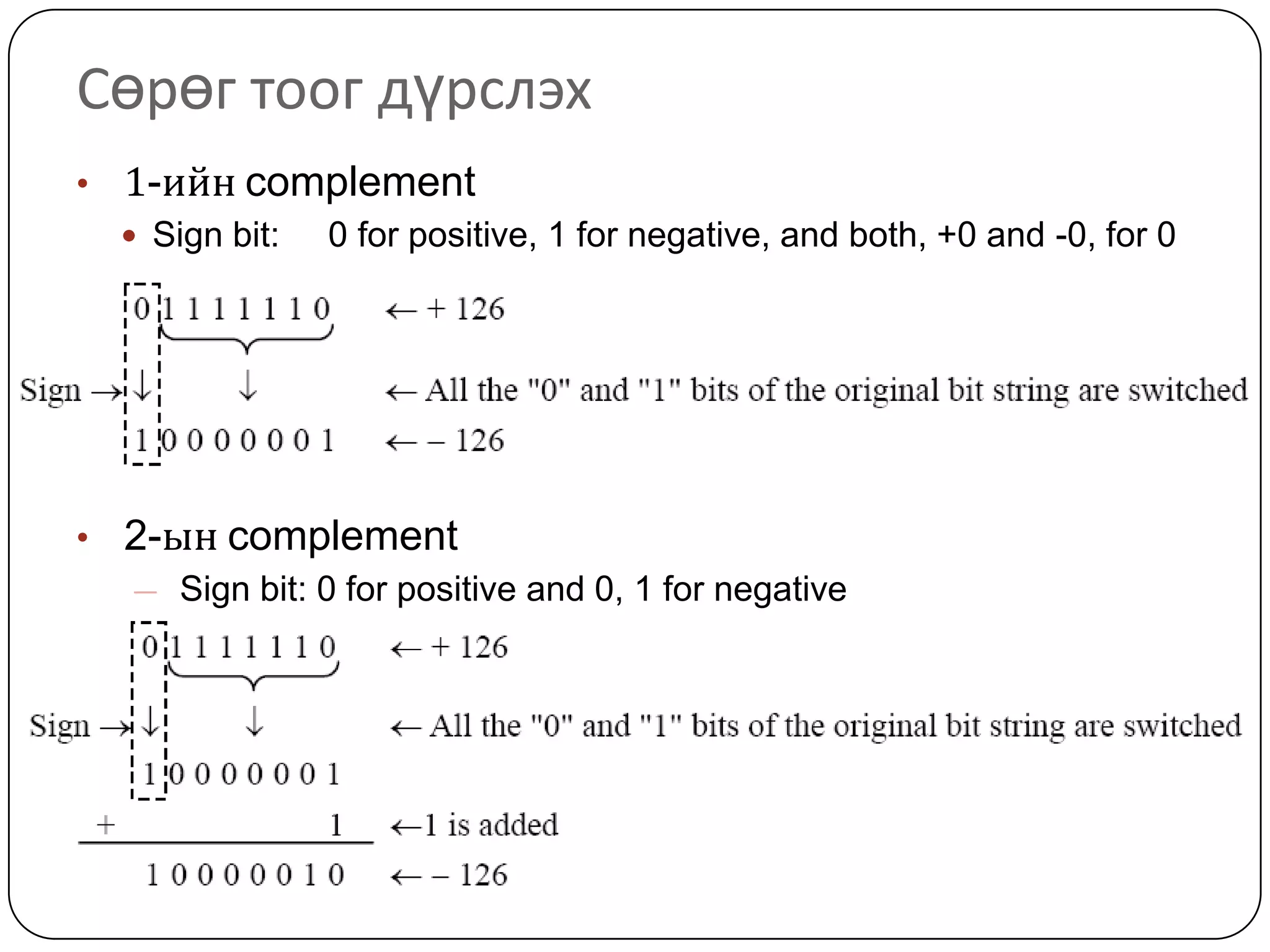 Сөрөг тоог дүрслэх
• 1-ийн complement
   Sign bit: 0 for positive, 1 for negative, and both, +0 and -0, for 0




• 2-ын complement
  — Sign bit: 0 for positive and 0, 1 for negative
 