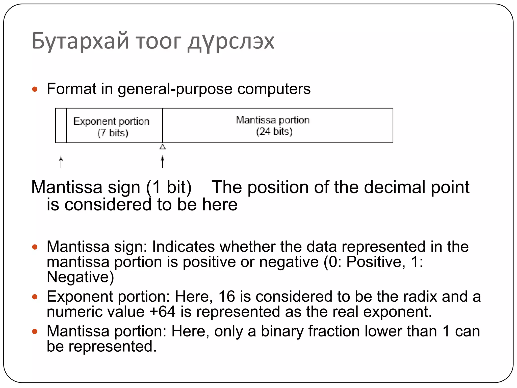 Бутархай тоог дүрслэх
 Format in general-purpose computers




Mantissa sign (1 bit) The position of the decimal point
 is considered to be here

 Mantissa sign: Indicates whether the data represented in the
  mantissa portion is positive or negative (0: Positive, 1:
  Negative)
 Exponent portion: Here, 16 is considered to be the radix and a
  numeric value +64 is represented as the real exponent.
 Mantissa portion: Here, only a binary fraction lower than 1 can
  be represented.
 
