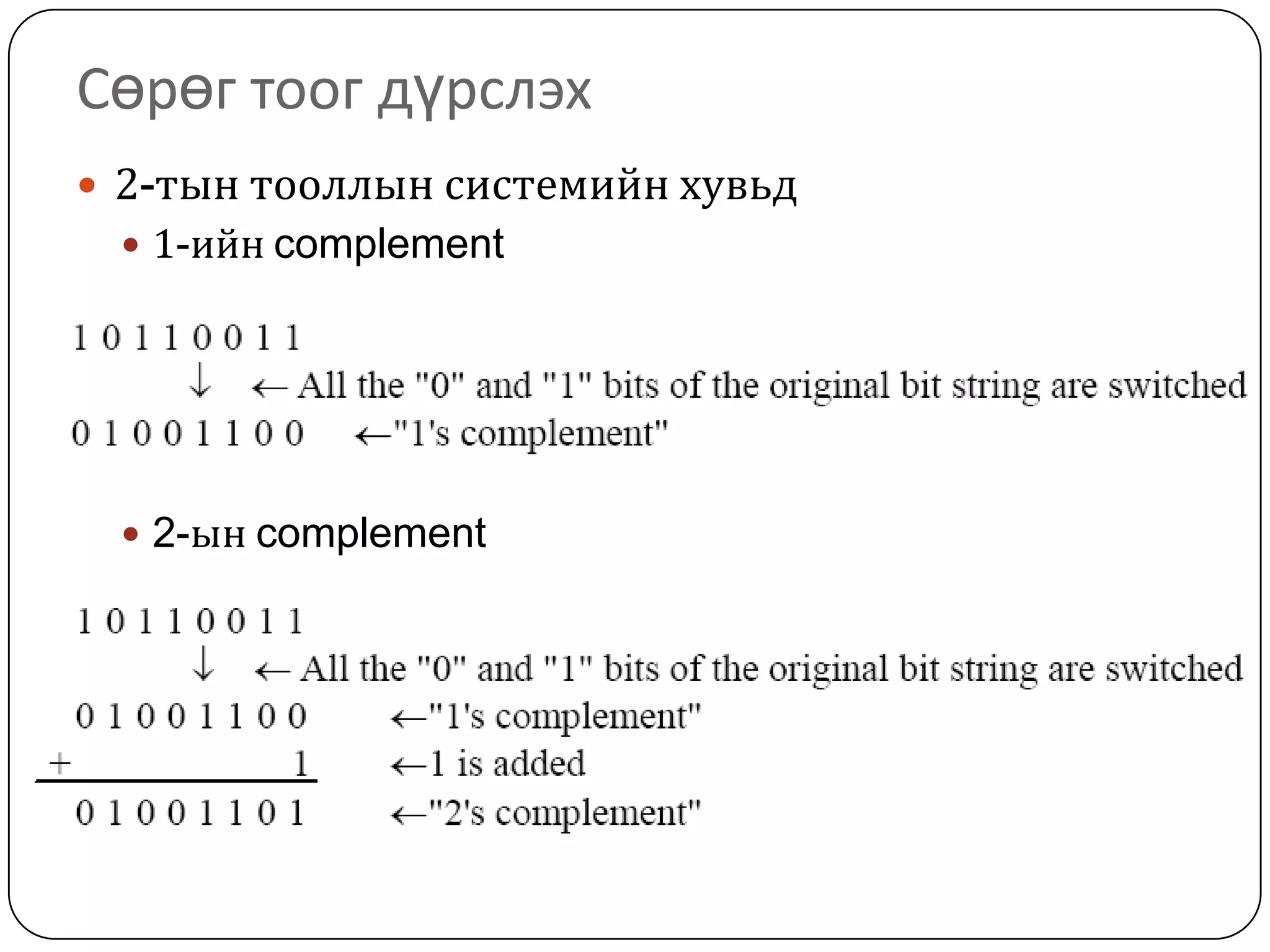Сөрөг тоог дүрслэх
 2-тын тооллын системийн хувьд
  1-ийн complement




  2-ын complement
 