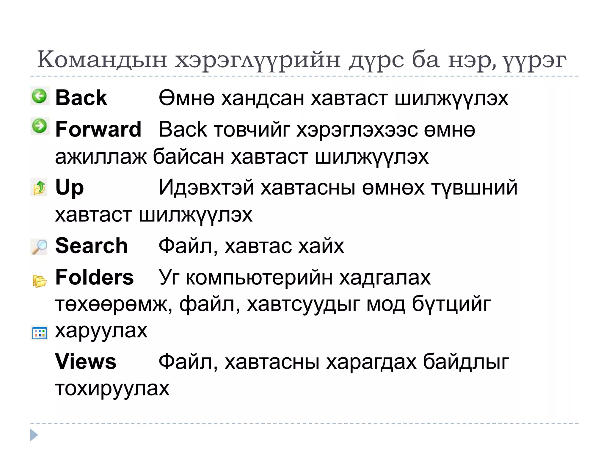 Командын хэрэглүүрийн дүрс ба нэр, үүрэг
 Back     Өмнө хандсан хавтаст шилжүүлэх
 Forward Back товчийг хэрэглэхээс өмнө
 ажиллаж байсан хавтаст шилжүүлэх
 Up       Идэвхтэй хавтасны өмнөх түвшний
 хавтаст шилжүүлэх
 Search Файл, хавтас хайх
 Folders Уг компьютерийн хадгалах
 төхөөрөмж, файл, хавтсуудыг мод бүтцийг
 харуулах
 Views    Файл, хавтасны харагдах байдлыг
 тохируулах
 