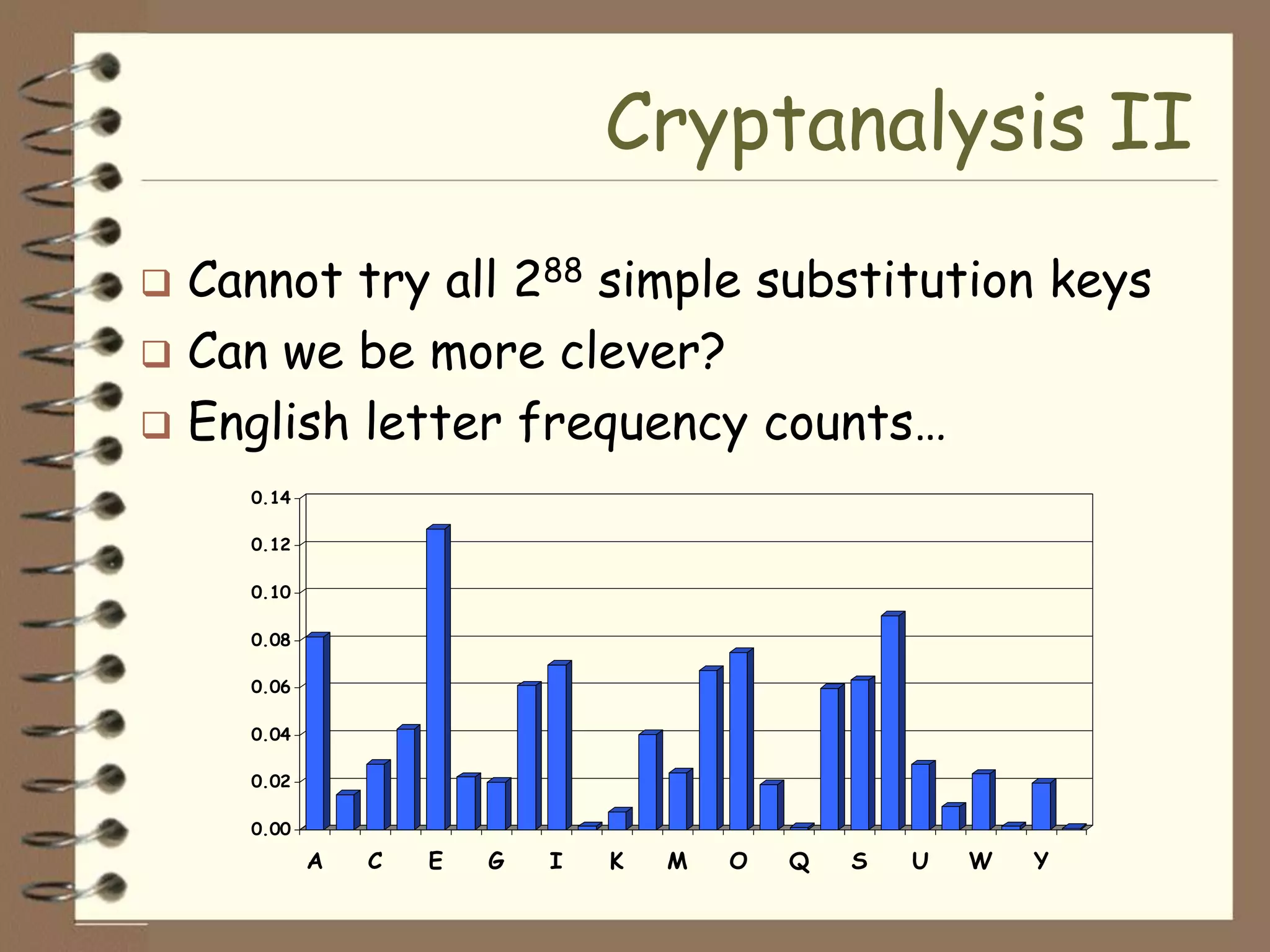 Cryptanalysis II
 Cannot try all 288 simple substitution keys
 Can we be more clever?
 English letter frequency counts…
    0.14

    0.12

    0.10

    0.08

    0.06

    0.04

    0.02

    0.00
           A   C   E   G   I   K   M   O   Q   S   U   W   Y
 