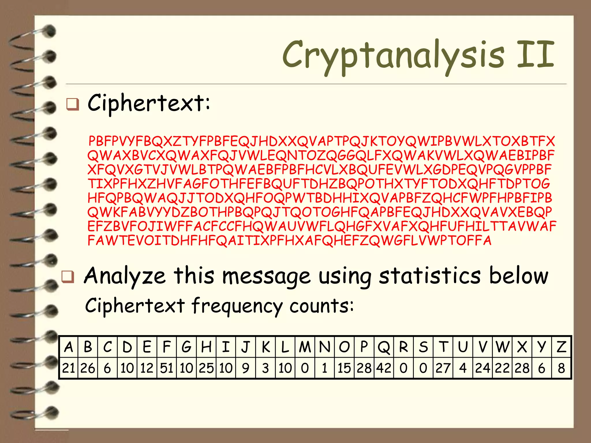 Cryptanalysis II
   Ciphertext:
    PBFPVYFBQXZTYFPBFEQJHDXXQVAPTPQJKTOYQWIPBVWLXTOXBTFX
    QWAXBVCXQWAXFQJVWLEQNTOZQGGQLFXQWAKVWLXQWAEBIPBF
    XFQVXGTVJVWLBTPQWAEBFPBFHCVLXBQUFEVWLXGDPEQVPQGVPPBF
    TIXPFHXZHVFAGFOTHFEFBQUFTDHZBQPOTHXTYFTODXQHFTDPTOG
    HFQPBQWAQJJTODXQHFOQPWTBDHHIXQVAPBFZQHCFWPFHPBFIPB
    QWKFABVYYDZBOTHPBQPQJTQOTOGHFQAPBFEQJHDXXQVAVXEBQP
    EFZBVFOJIWFFACFCCFHQWAUVWFLQHGFXVAFXQHFUFHILTTAVWAF
    FAWTEVOITDHFHFQAITIXPFHXAFQHEFZQWGFLVWPTOFFA

   Analyze this message using statistics below
    Ciphertext frequency counts:

A B C D E F G H I J K L M N O P Q R S T U V W X Y Z
21 26 6 10 12 51 10 25 10 9 3 10 0 1 15 28 42 0 0 27 4 24 22 28 6 8
 