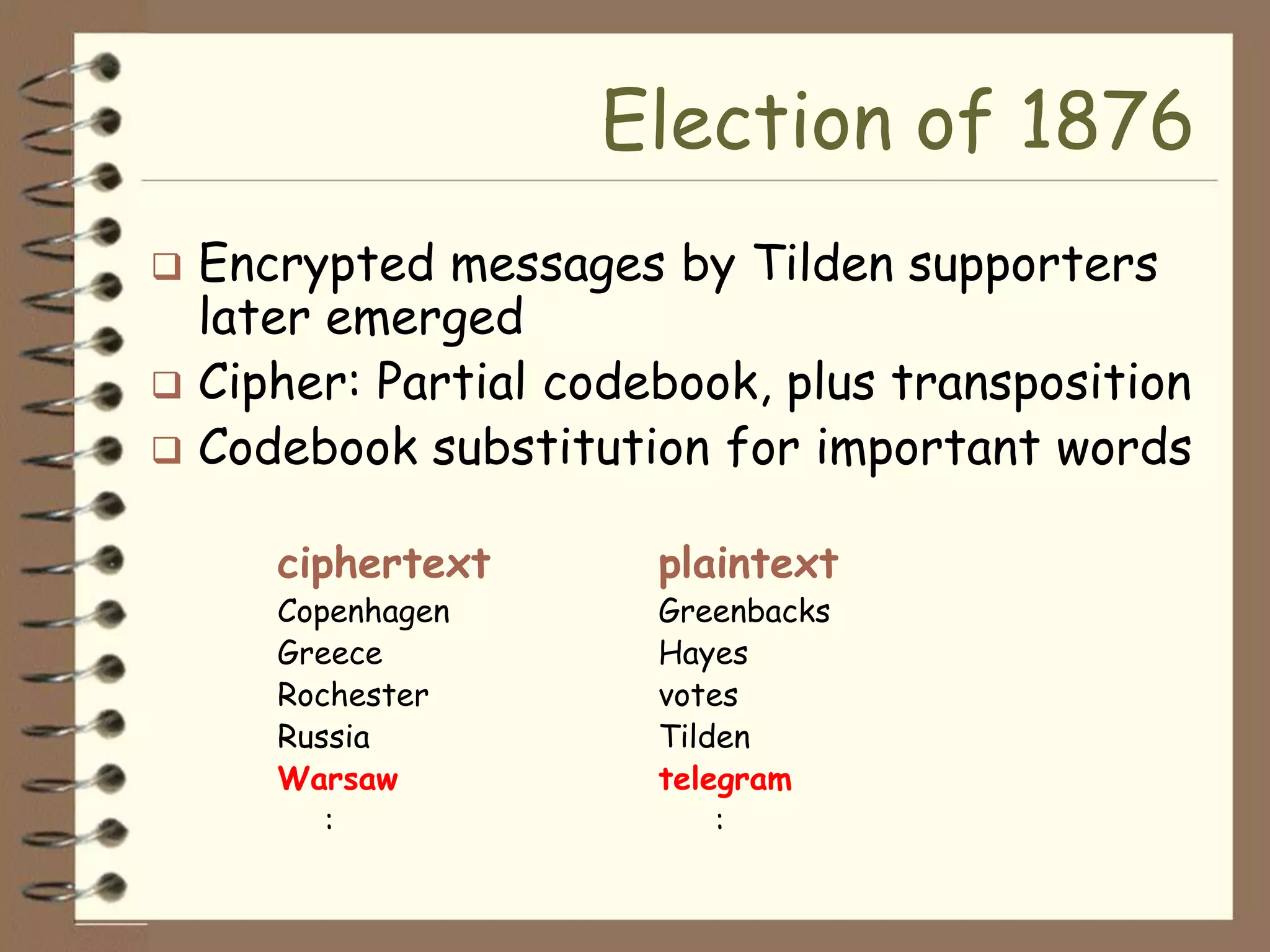 Election of 1876
 Encrypted messages by Tilden supporters
  later emerged
 Cipher: Partial codebook, plus transposition
 Codebook substitution for important words


     ciphertext       plaintext
     Copenhagen       Greenbacks
     Greece           Hayes
     Rochester        votes
     Russia           Tilden
     Warsaw           telegram
        :                 :
 