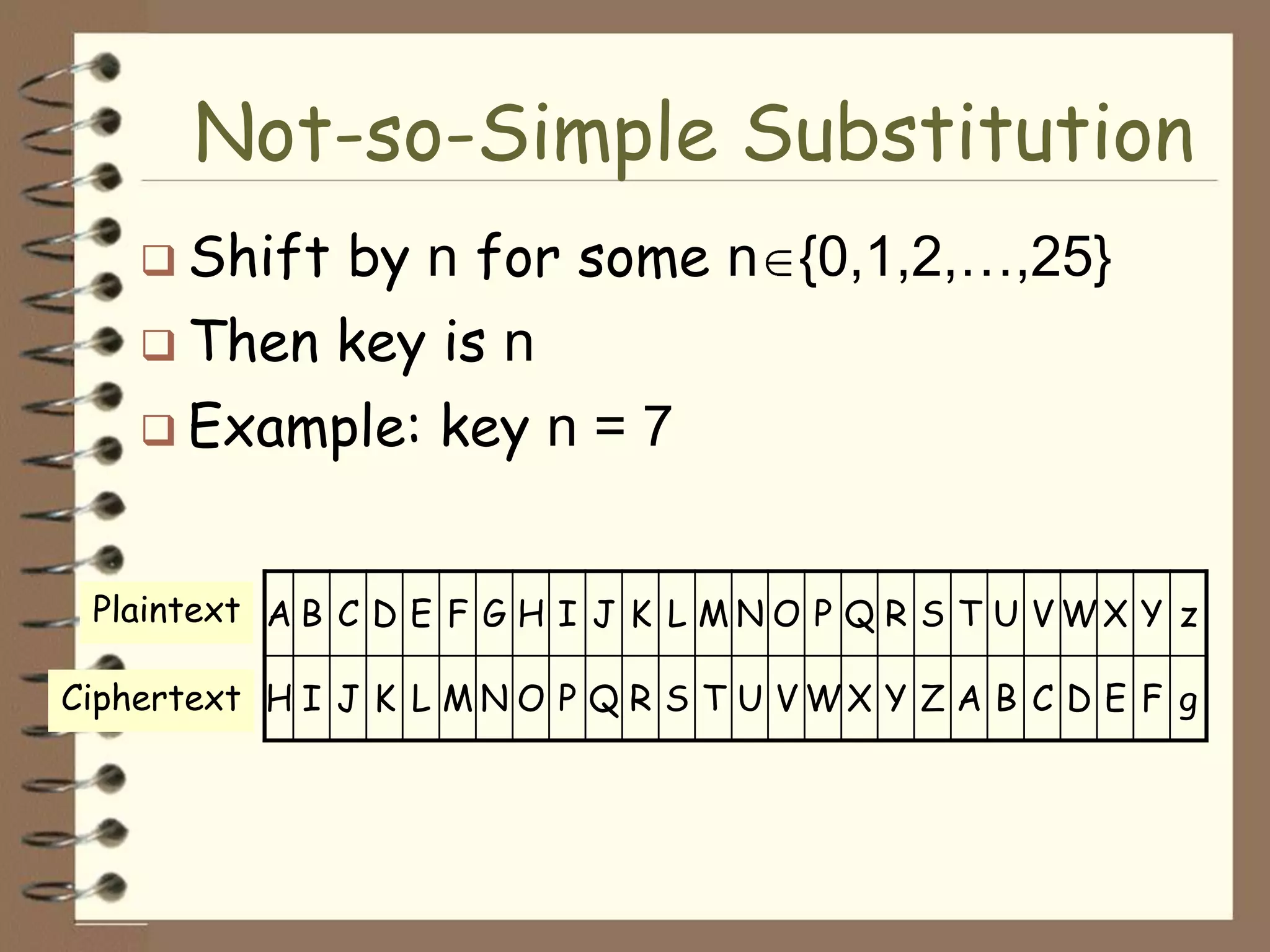 Not-so-Simple Substitution
     Shift    by n for some n {0,1,2,…,25}
     Then    key is n
     Example:      key n = 7


 Plaintext A B C D E F G H I J K L M N O P Q R S T U V W X Y z

Ciphertext H I J K L M N O P Q R S T U V W X Y Z A B C D E F g
 