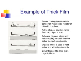 Example of Thick Film
         Screen printing leaves metallic
         conductor, metal oxide resistor or
         dielectric insulator.
         Active element powders range
         from 1 to 10 µm in size.
         Adhesion element (glass and
         metal oxides) are used to bond
         active element on substrate.
         Organic binder is used to hold
         active and adhesion elements.
         Solvent is used to dilute thick
         organic binder.
 