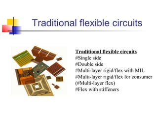 Traditional flexible circuits

           Traditional flexible circuits
           #Single side
           #Double side
           #Multi-layer rigid/flex with MIL
           #Multi-layer rigid/flex for consumer
           (#Multi-layer flex)
           #Flex with stiffeners
 
