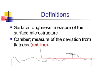 Definitions
   Surface roughness; measure of the
    surface microstructure
   Camber; measure of the deviation from
    flatness (red line).
                            deviation
 